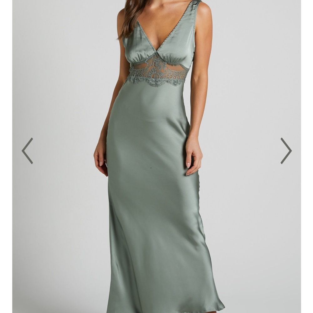JULIET MIDI DRESS - V NECK LACE INSERT SATIN SLIP DRESS IN OLIVE. NWT